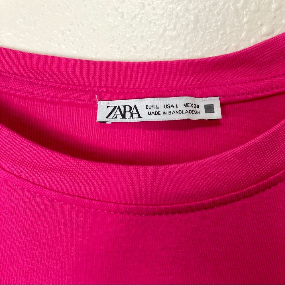 ZARA Hot Pink Puff Sleeve Tiered Swing Mini Dress Women's Sz L Cotton - Picture 3 of 15